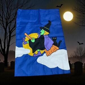 Halloween House Flag 40" Witch Black Cat Broom Large Yard Decor 1994 Vintage